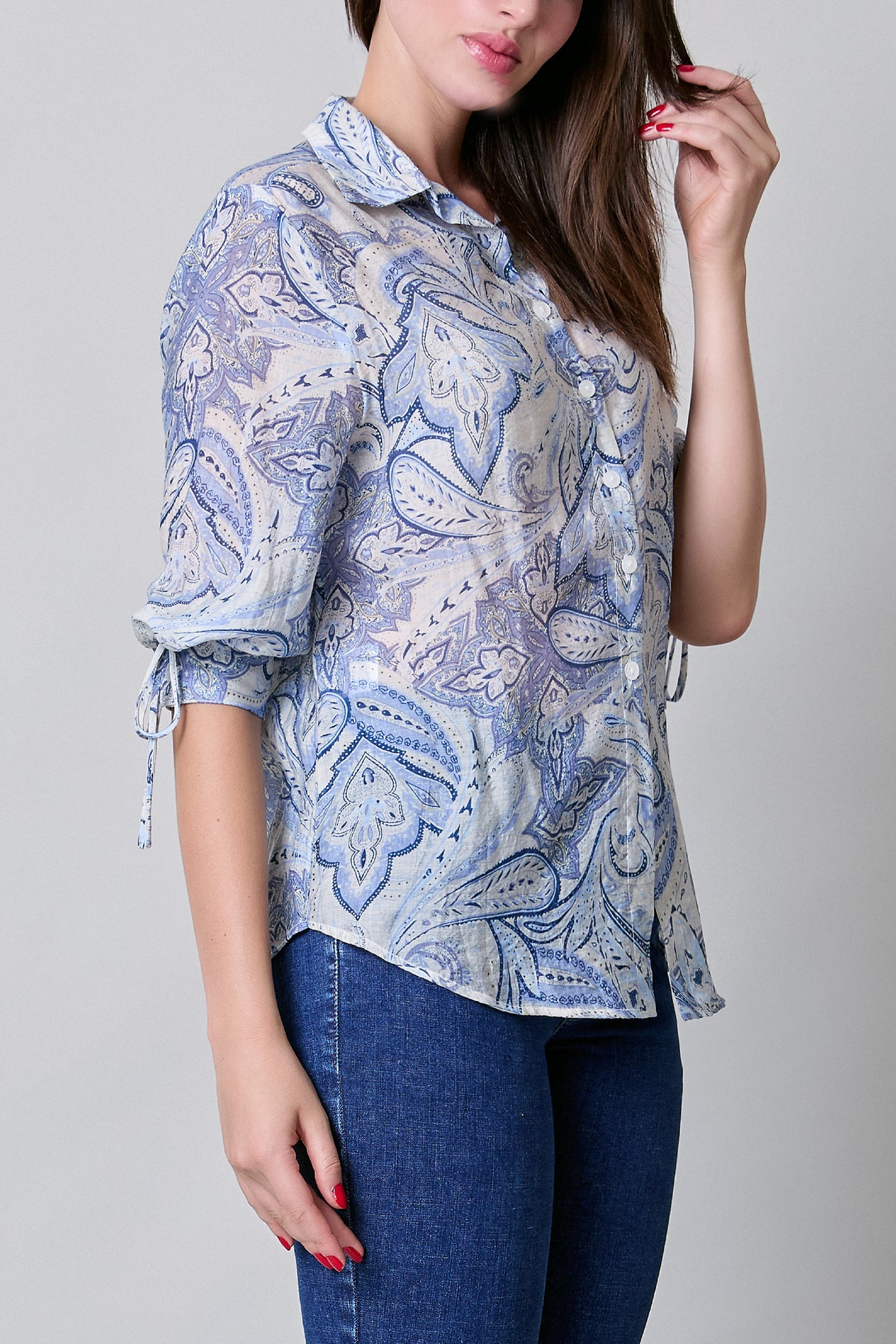 Blusa floreada, manga 3/4 con cintas 252019