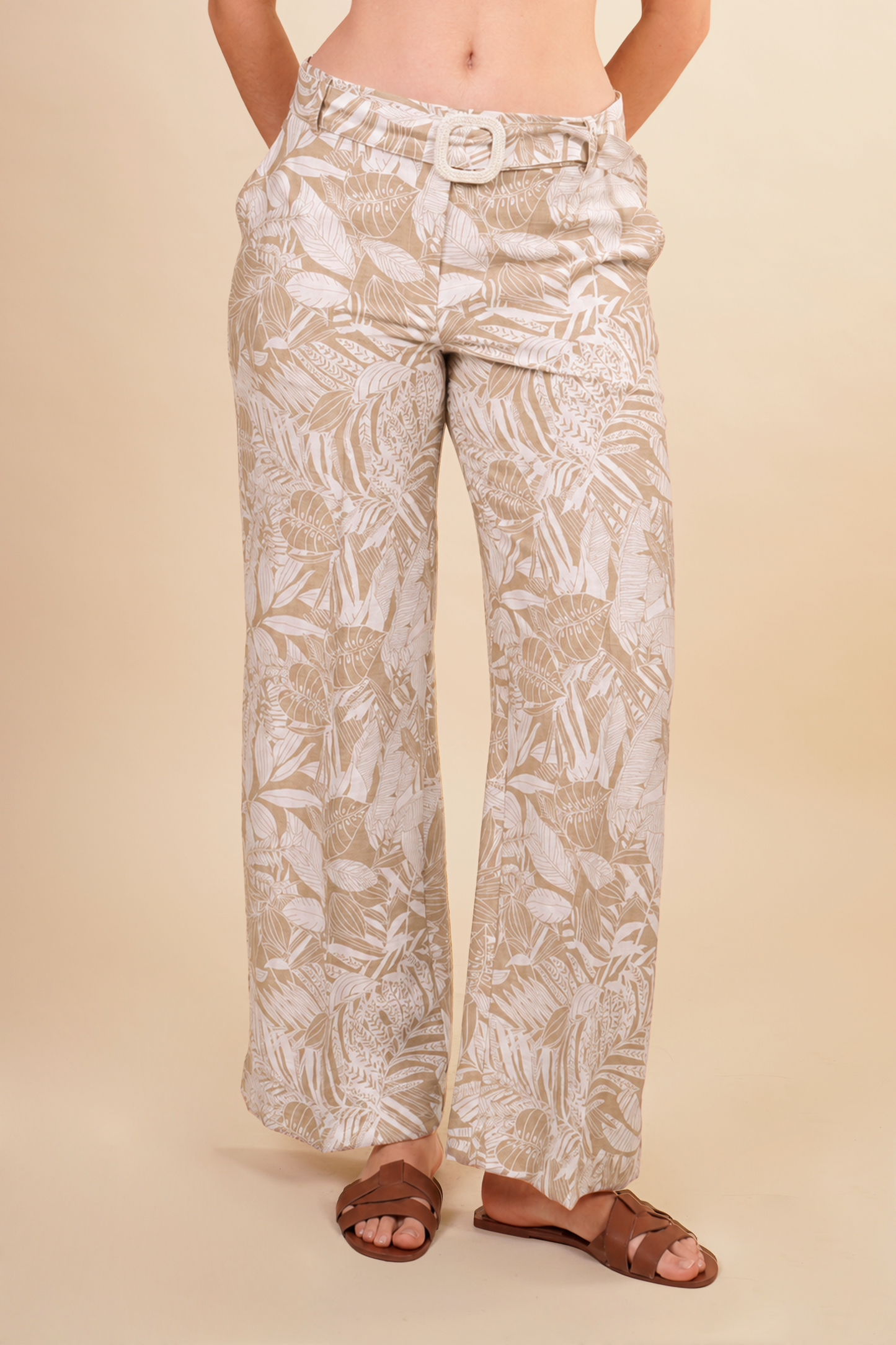 Pantalon Beige  Estampado Tropical 261039