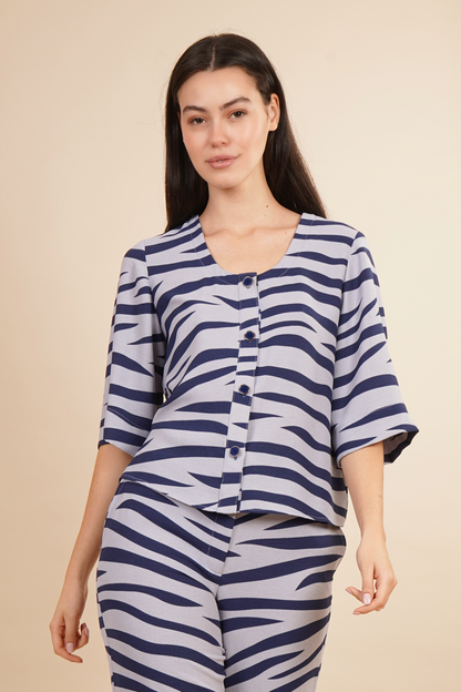 Blusa Estampada De Rayas Azules