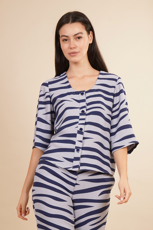 Blusa Estampada De Rayas Azules