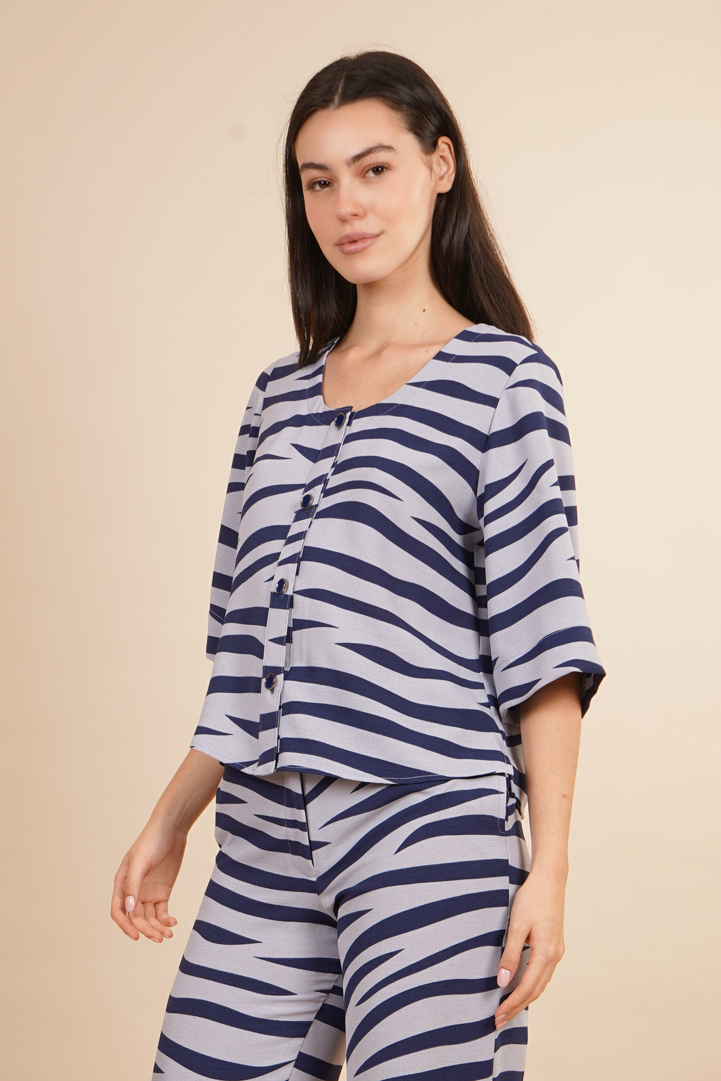 Blusa Estampada De Rayas Azules