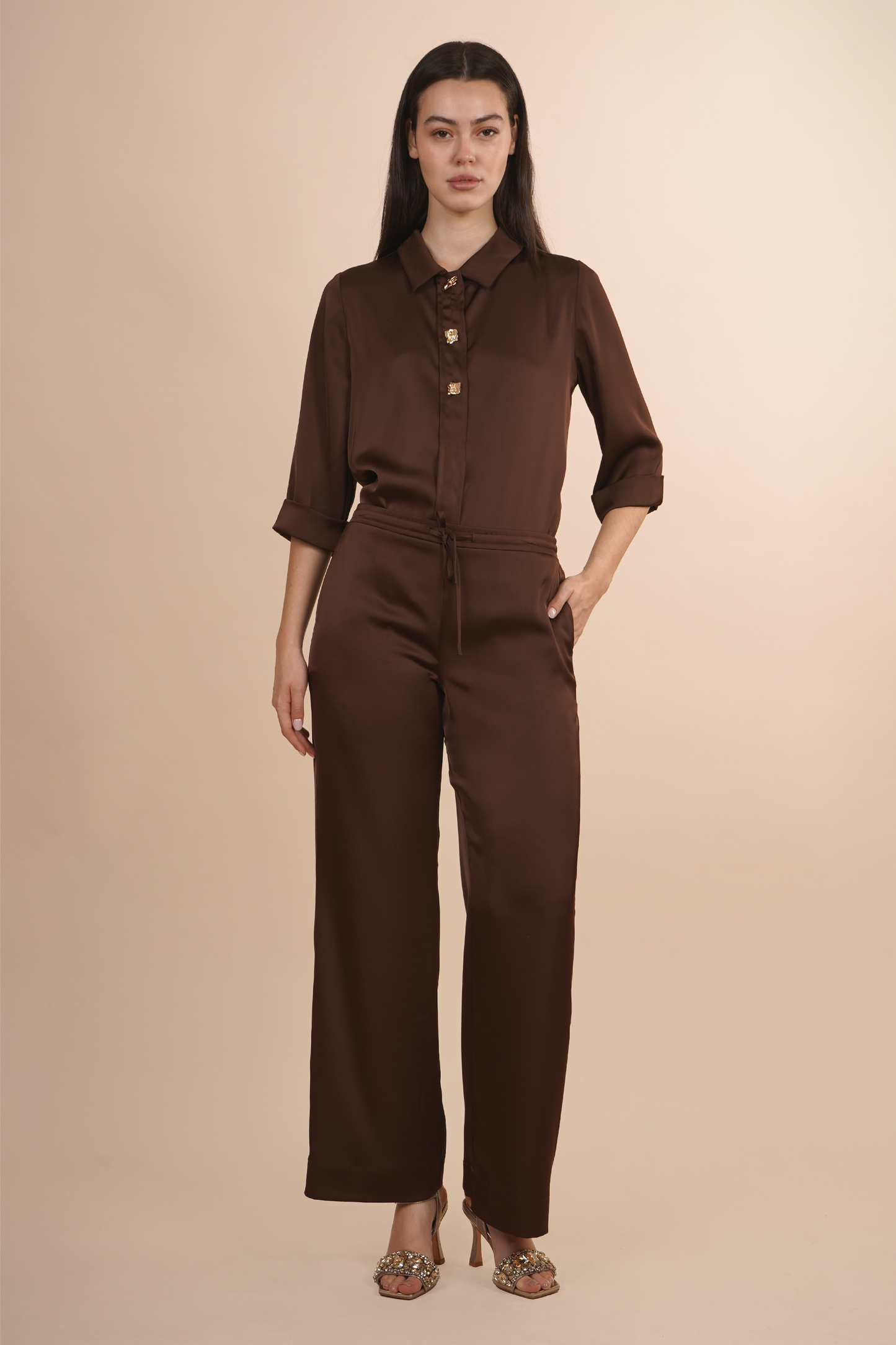 Pantalón Café De Satin Pierna Ancha
