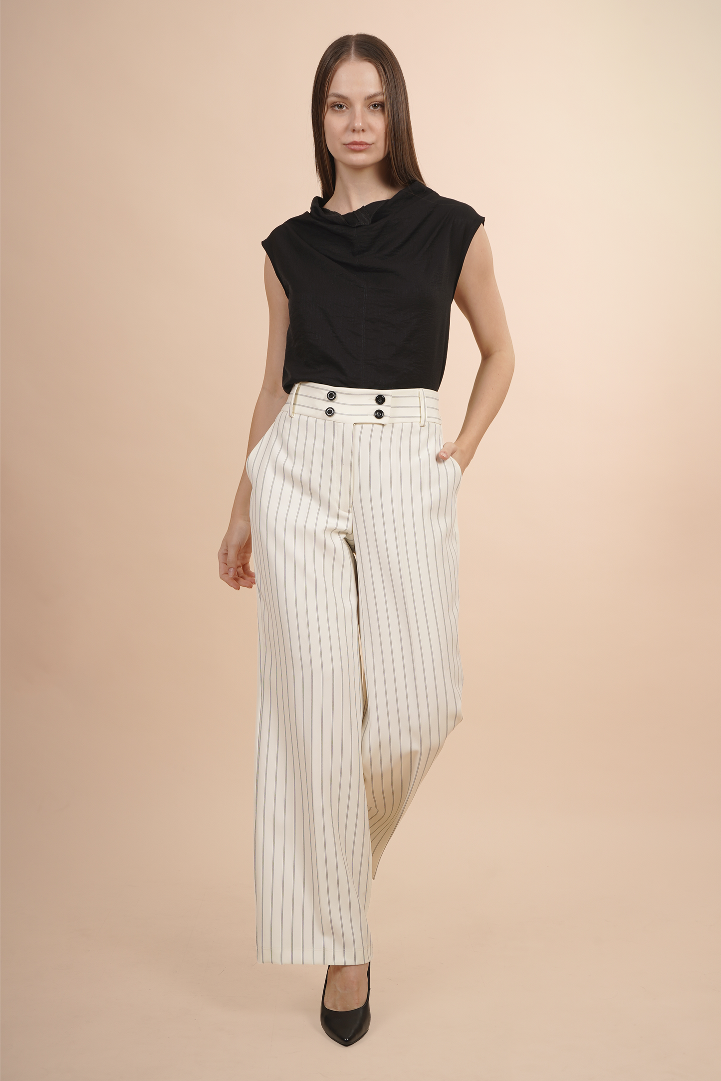 Pantalón Rayado Elegante Color Hueso 261055