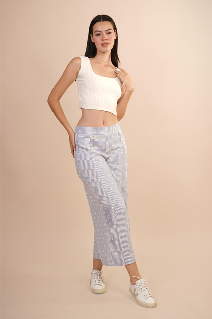 Pantalon A Rayas Bordada De Flores Blancas 261037
