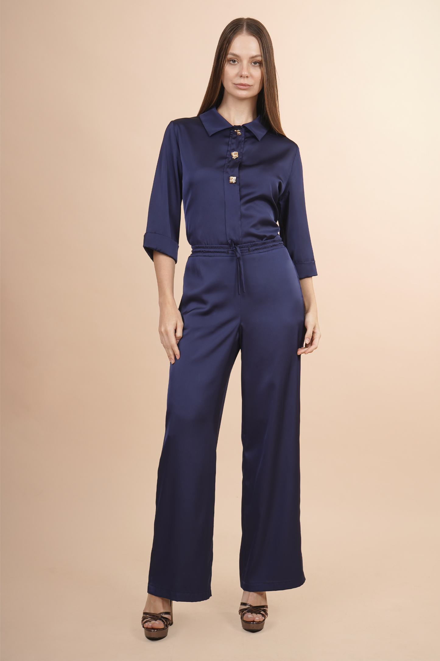 Pantalón Azul De Satin Pierna Ancha