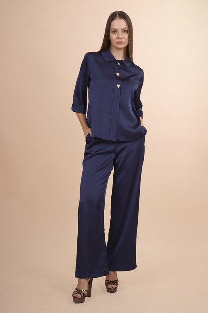 Blusa Camisera Azul  Satinada Con Botones