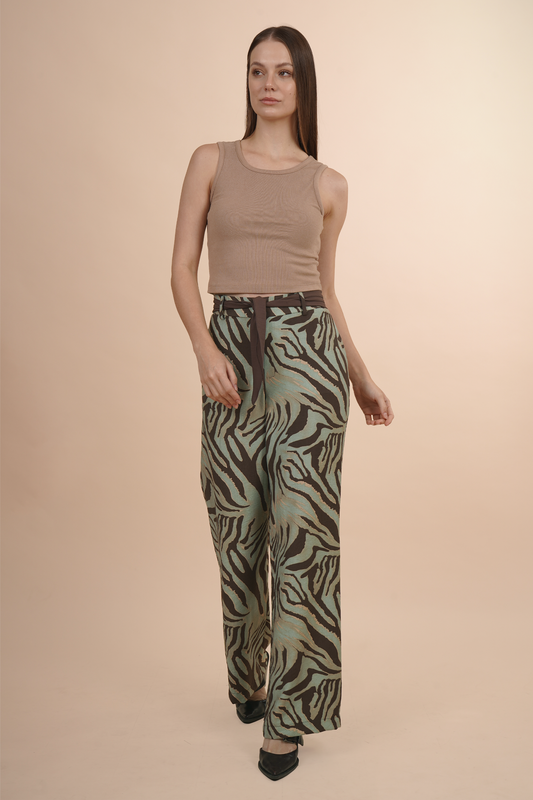 Pantalón Animal Print Con Cinturón Verde 261067