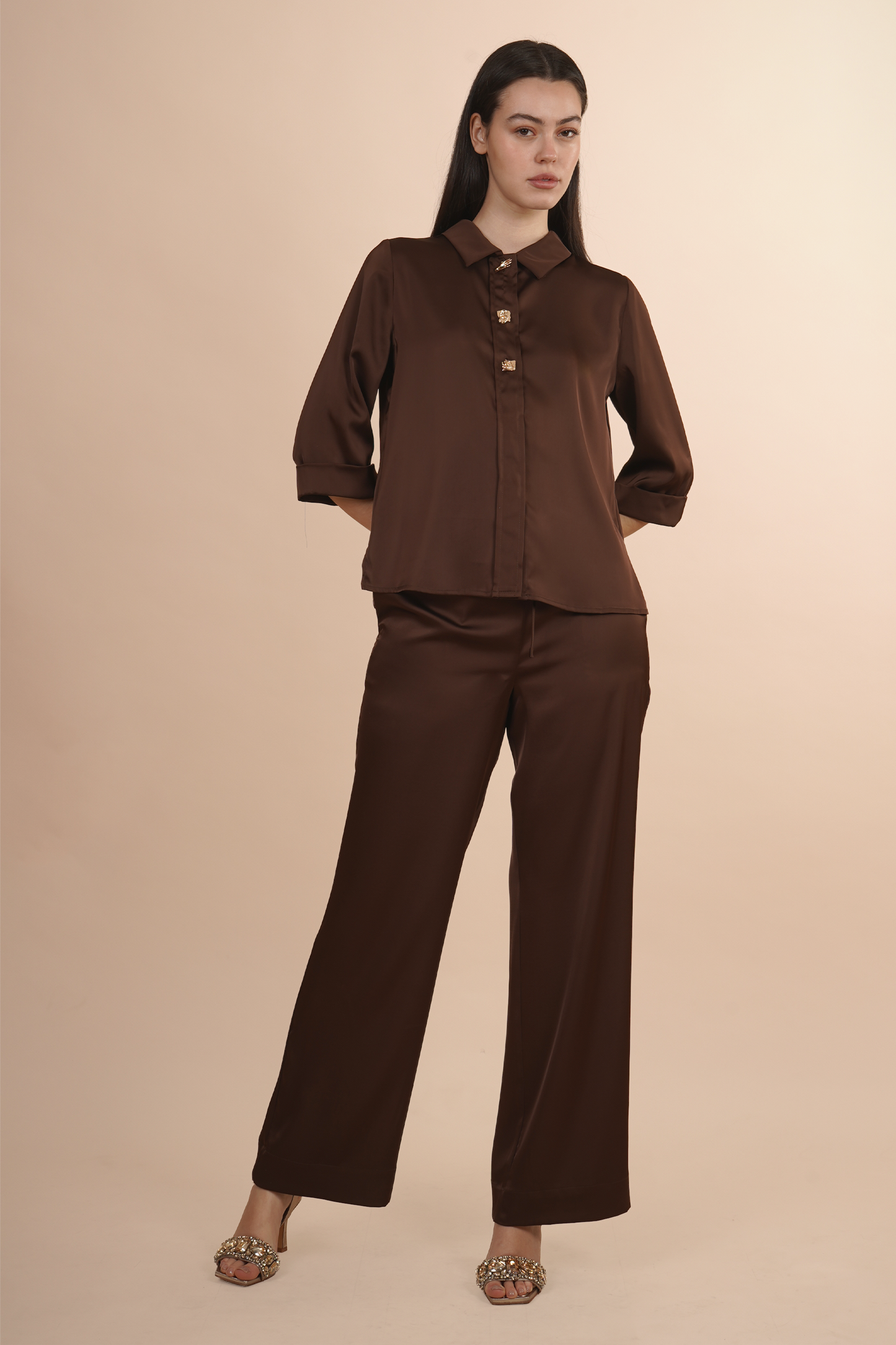 Blusa Camisera Cafe Satinada Con Botones