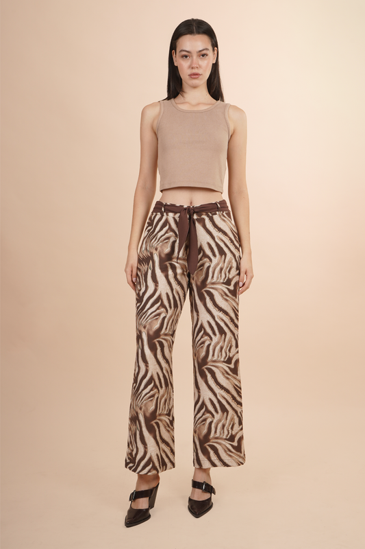 Pantalón Animal Print Con Cinturón Cafe 261067