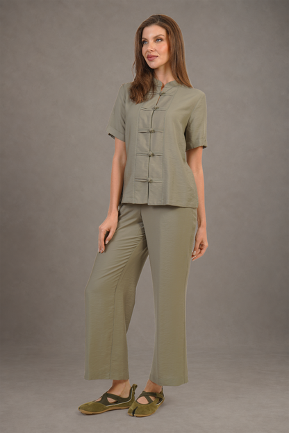 Blusa Verde Con Cierres Tipo Chino