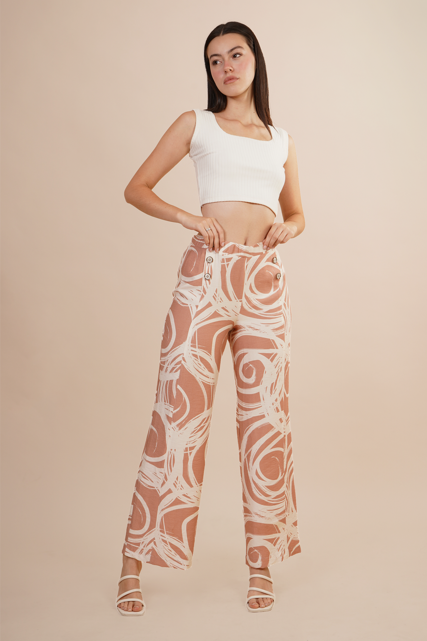 Pantalón Amplio Estampado Geometrico Rosa 261049