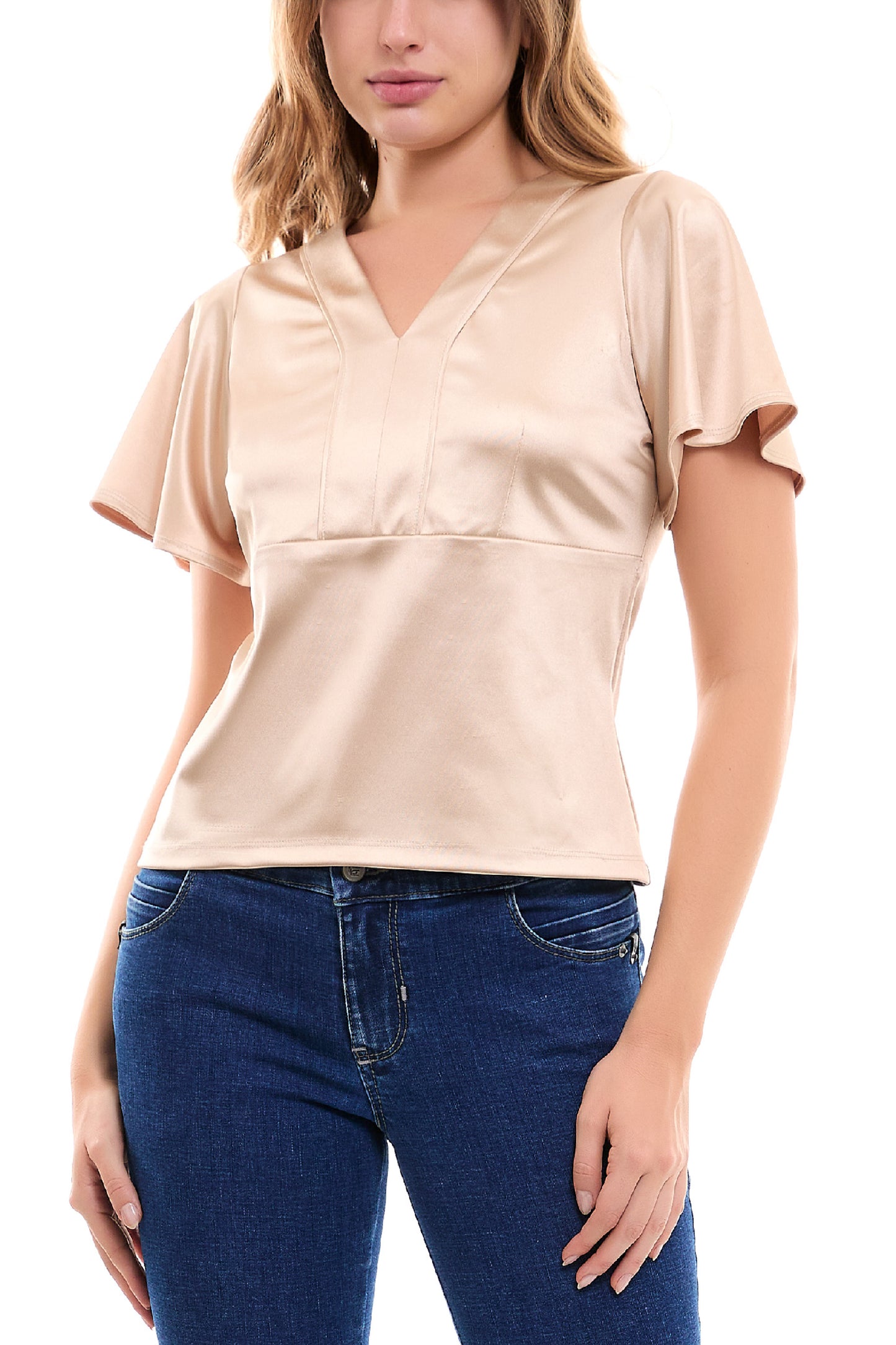 Blusa con cuello en v y manga corta en volantes 242048