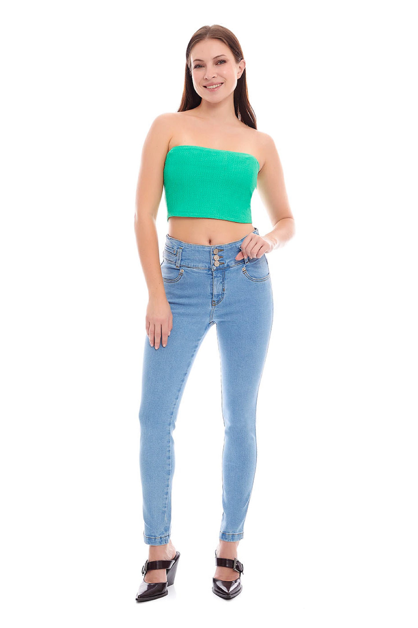 Jeans mezclilla corte skinny con resorte en cintura 246015