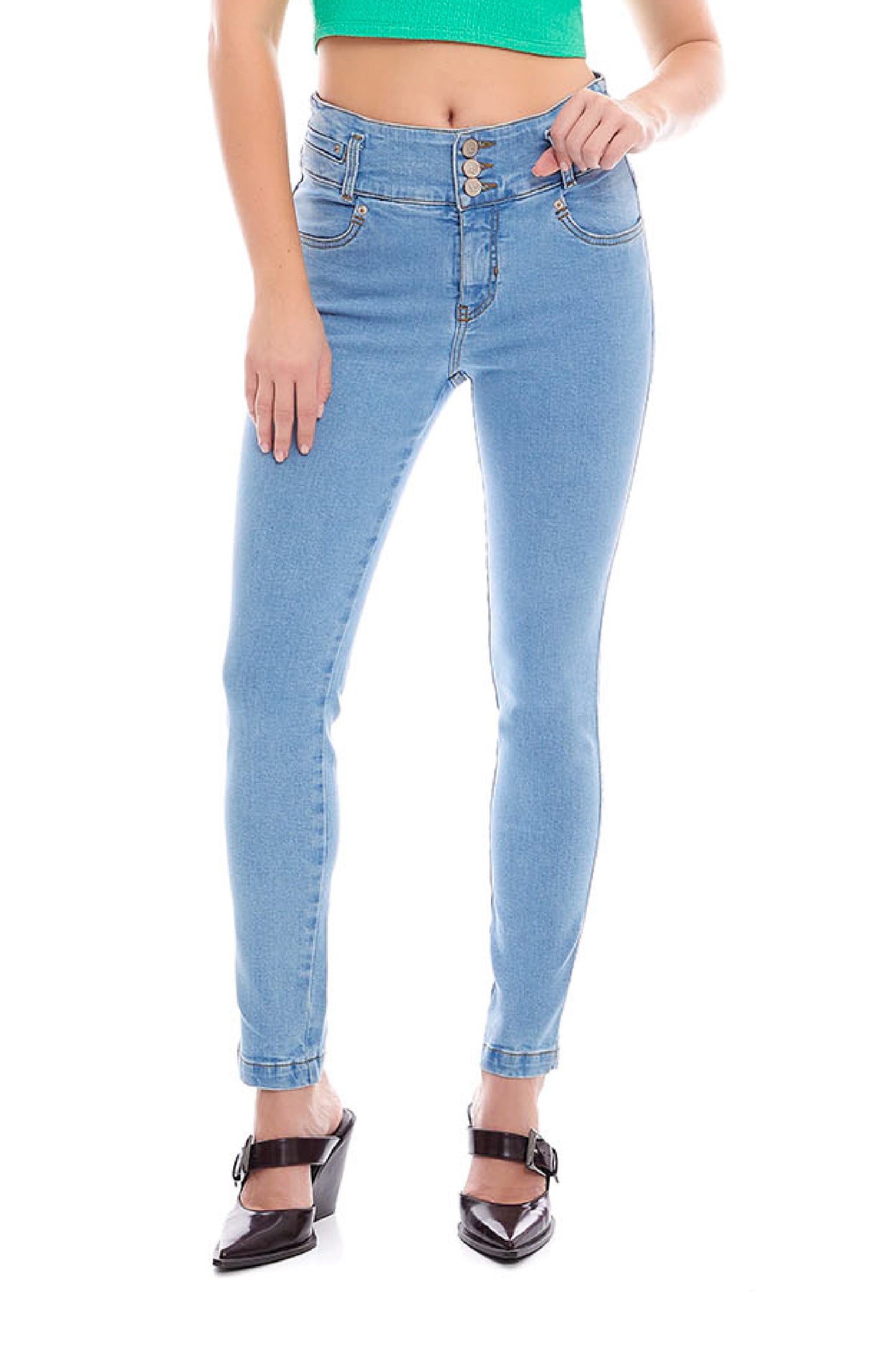 Jeans mezclilla corte skinny con resorte en cintura 246015