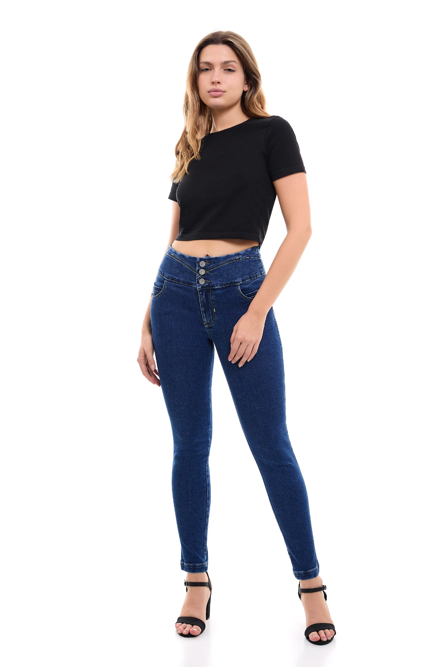 Jeans azul marino ajustado en pretina con tres botones 246022