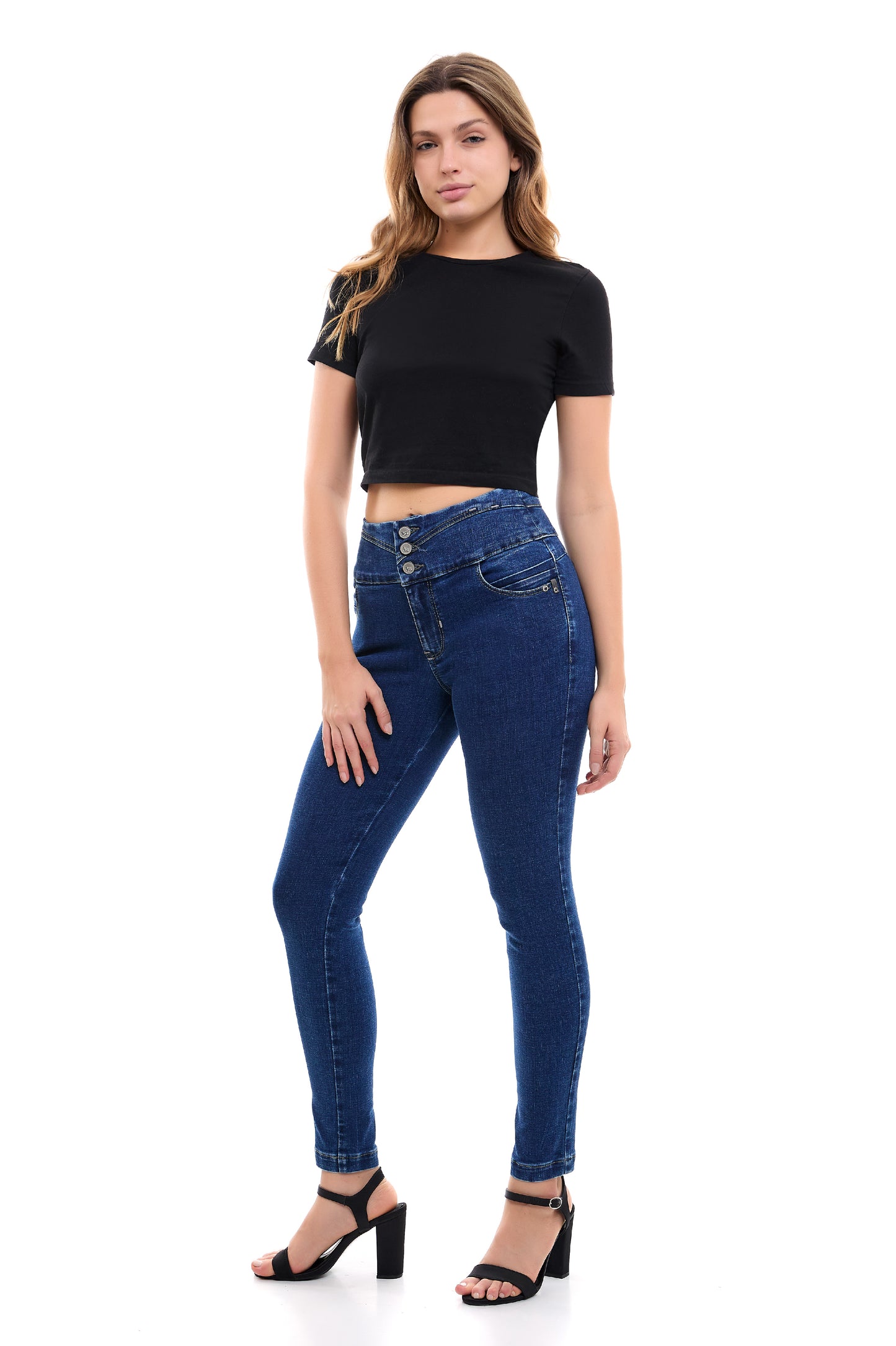 Jeans azul marino ajustado en pretina con tres botones 246022