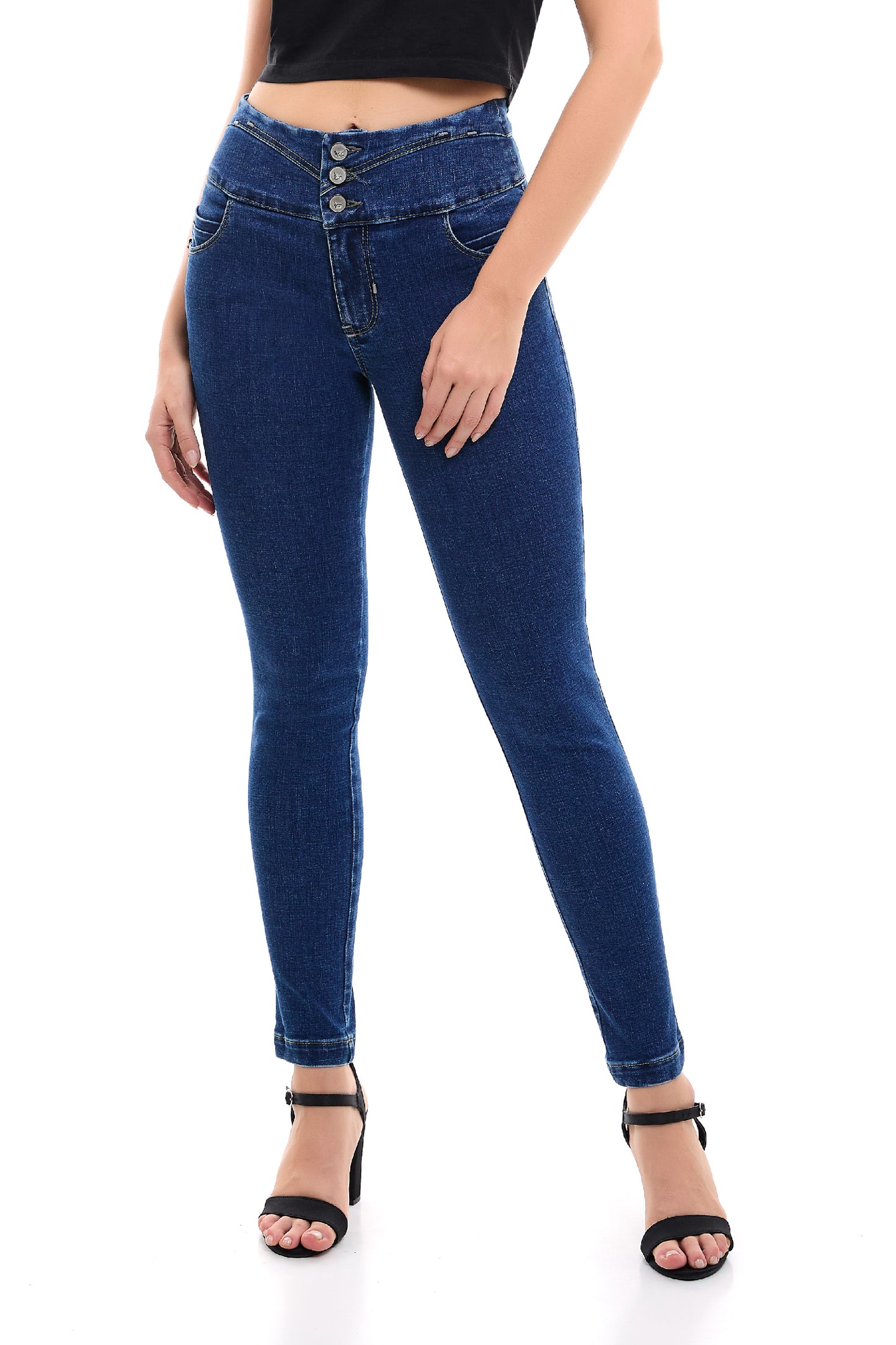 Jeans azul marino ajustado en pretina con tres botones 246022