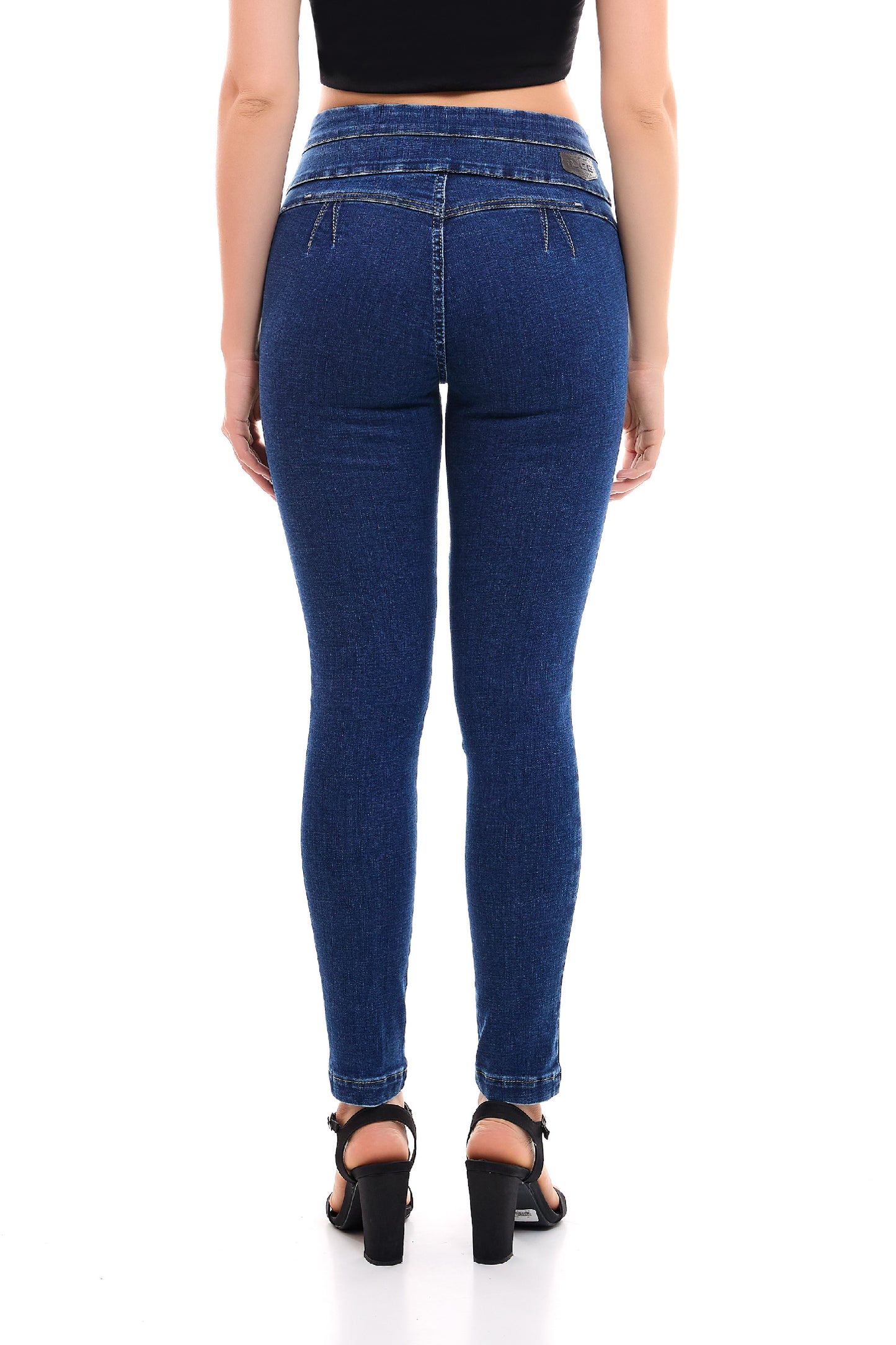 Jeans azul marino ajustado en pretina con tres botones 246022