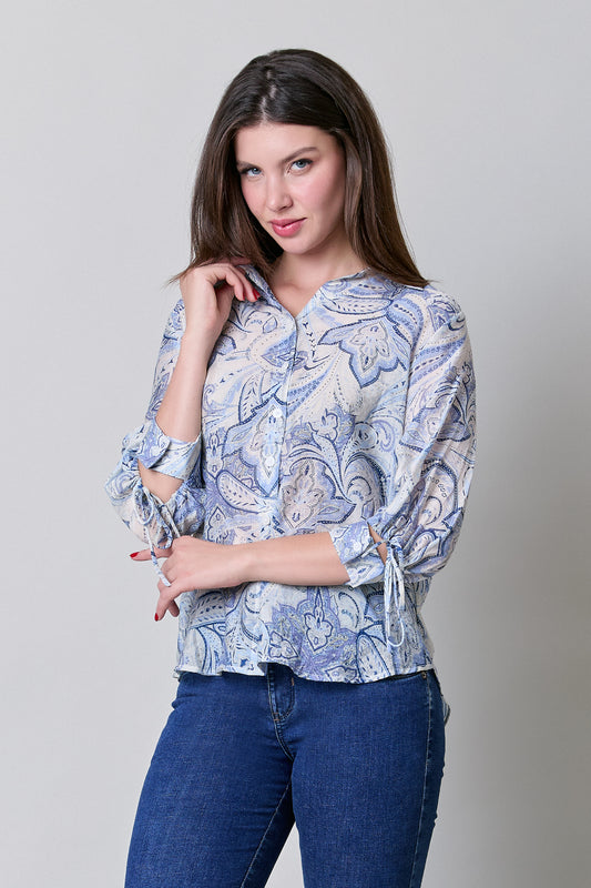 Blusa floreada, manga 3/4 con cintas 252019