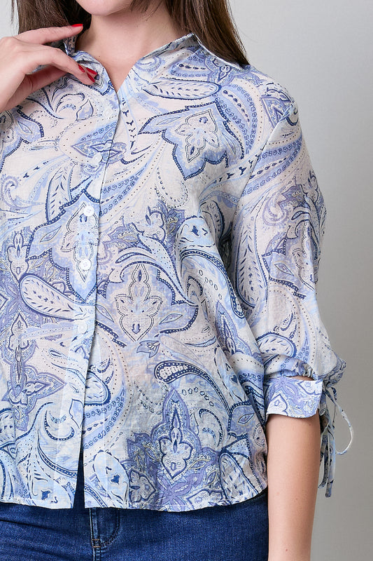 Blusa floreada, manga 3/4 con cintas 252019