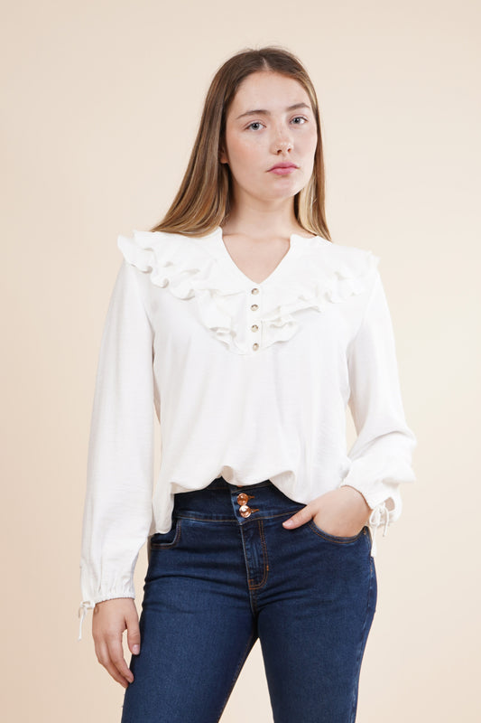 Blusa manga larga con detalles en cuello y mangas 252071