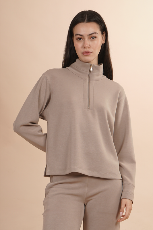 Sudadera Beige Con Cierre Corto