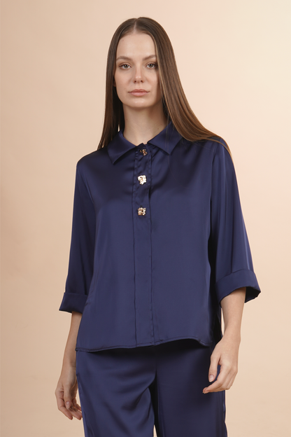 Blusa Camisera Azul  Satinada Con Botones