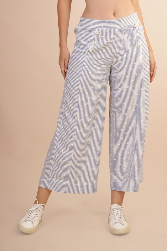 Pantalon A Rayas Bordada De Flores Blancas 261037