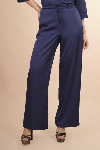 Pantalón Azul De Satin Pierna Ancha