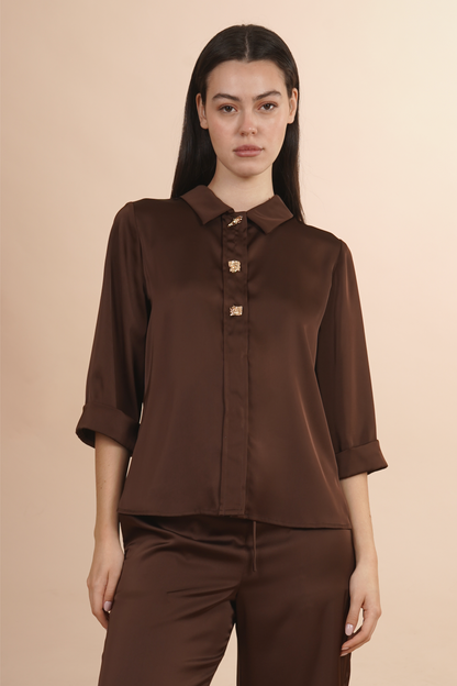 Blusa Camisera Cafe Satinada Con Botones