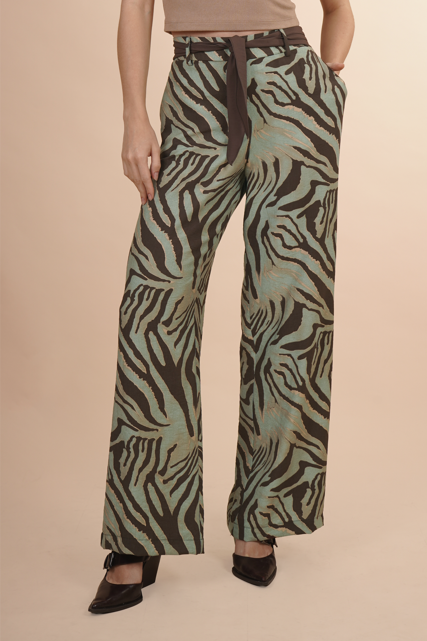 Pantalón Animal Print Con Cinturón Verde 261067