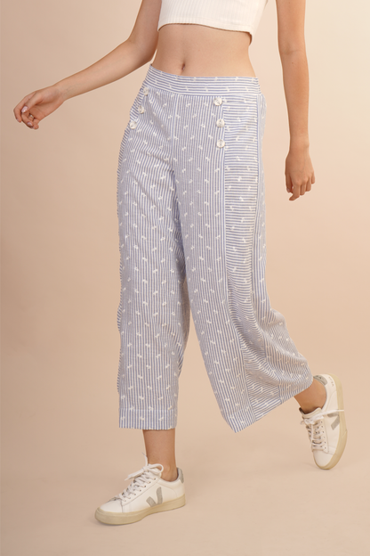Pantalon A Rayas Bordada De Flores Blancas 261037