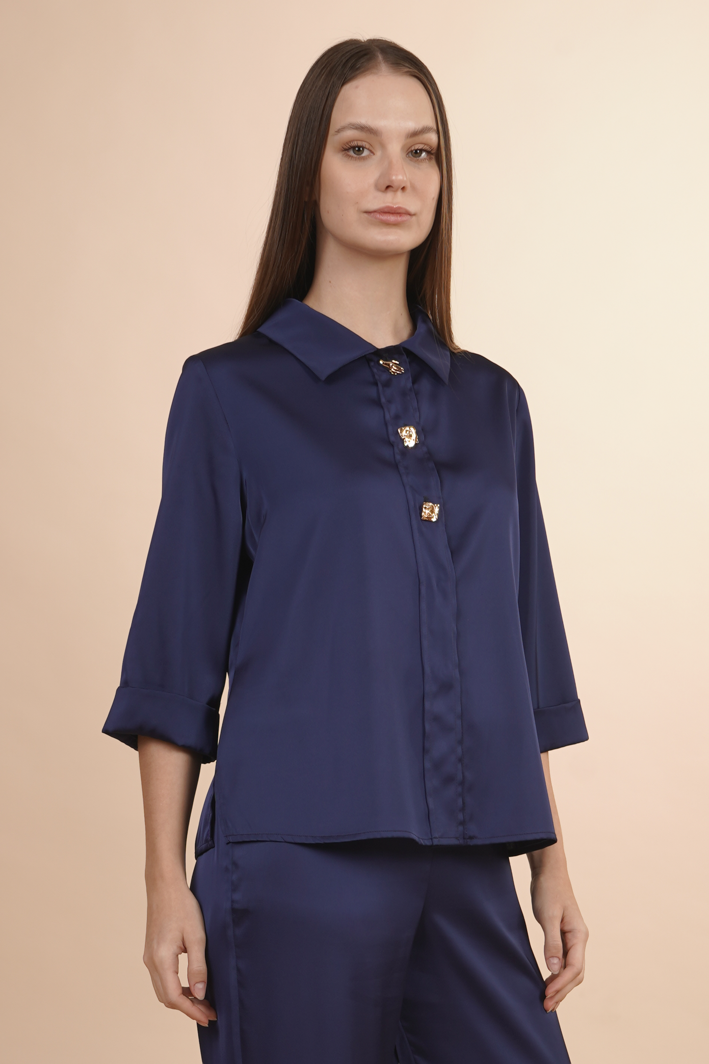 Blusa Camisera Azul  Satinada Con Botones