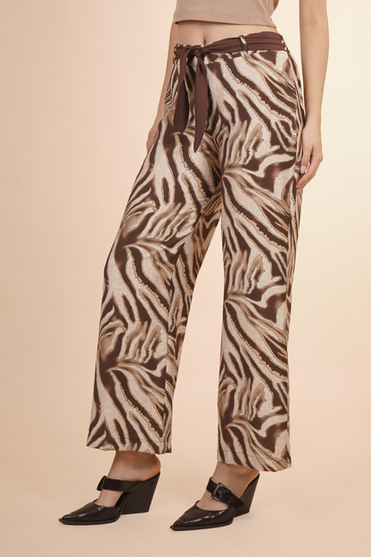 Pantalón Animal Print Con Cinturón Cafe 261067