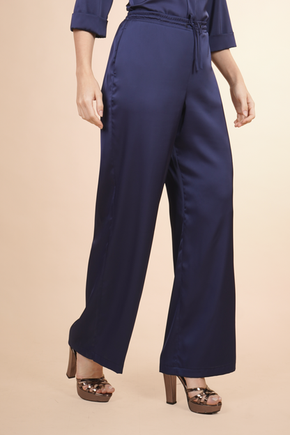 Pantalón Azul De Satin Pierna Ancha