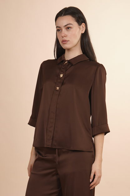 Blusa Camisera Cafe Satinada Con Botones