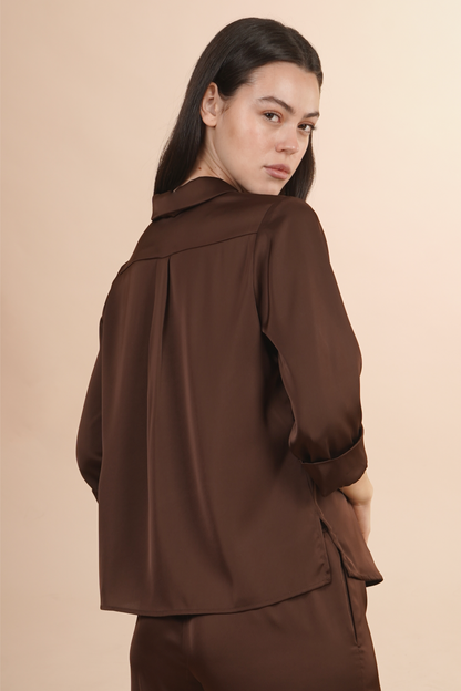 Blusa Camisera Cafe Satinada Con Botones