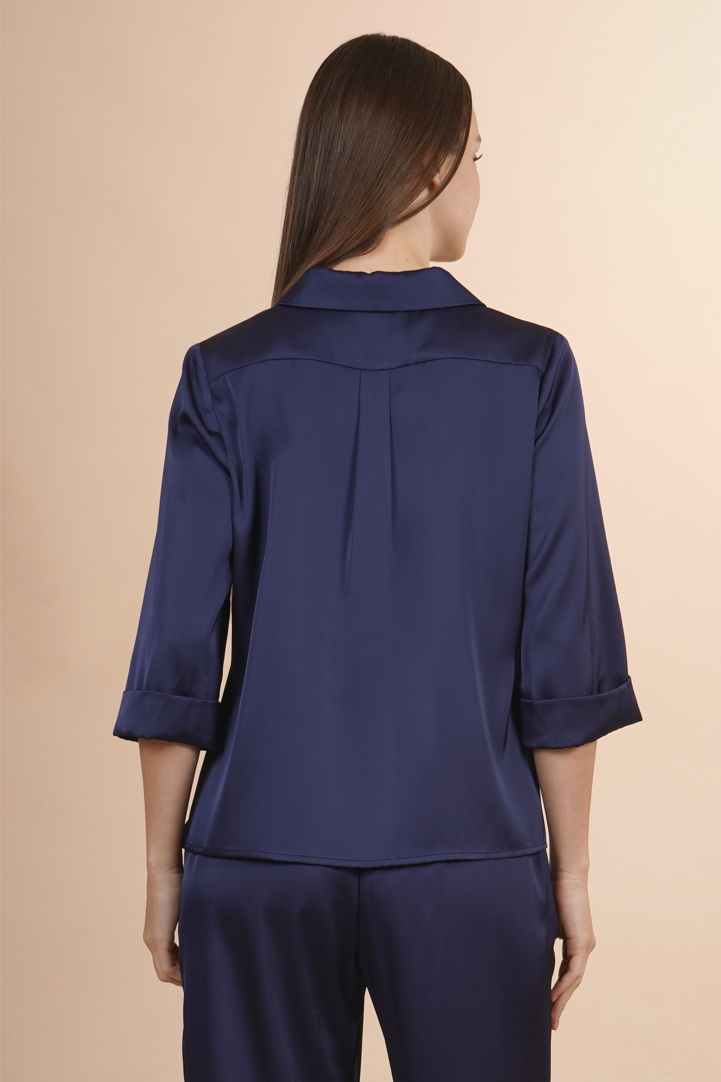 Blusa Camisera Azul  Satinada Con Botones