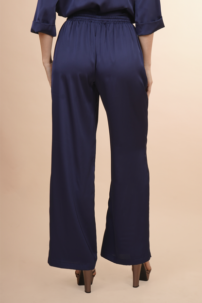 Pantalón Azul De Satin Pierna Ancha