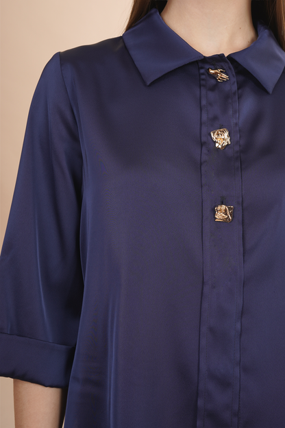 Blusa Camisera Azul  Satinada Con Botones