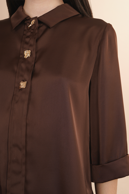 Blusa Camisera Cafe Satinada Con Botones