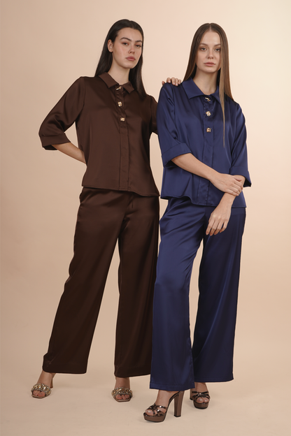 Blusa Camisera Cafe Satinada Con Botones
