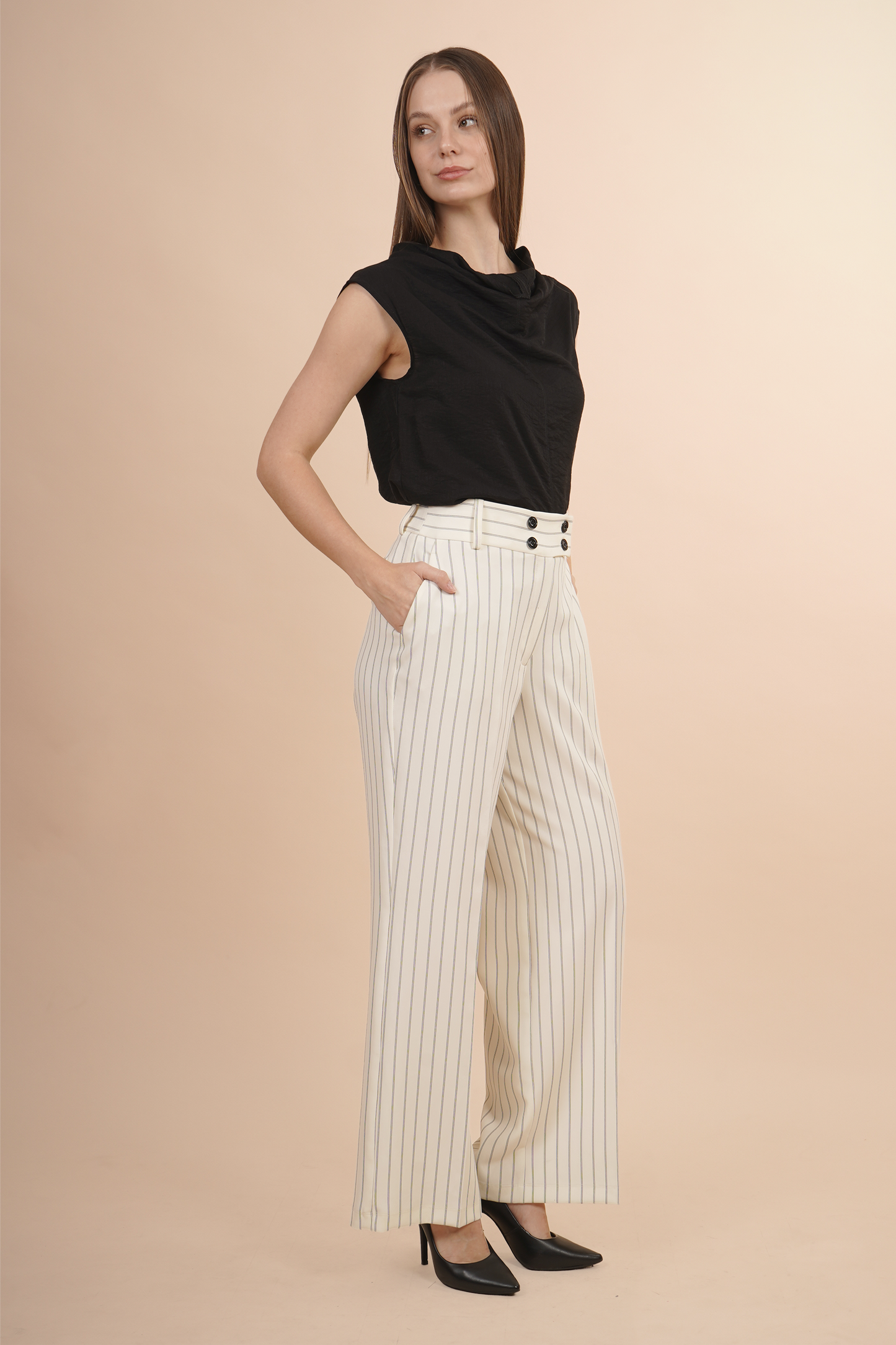 Pantalón Rayado Elegante Color Hueso 261055