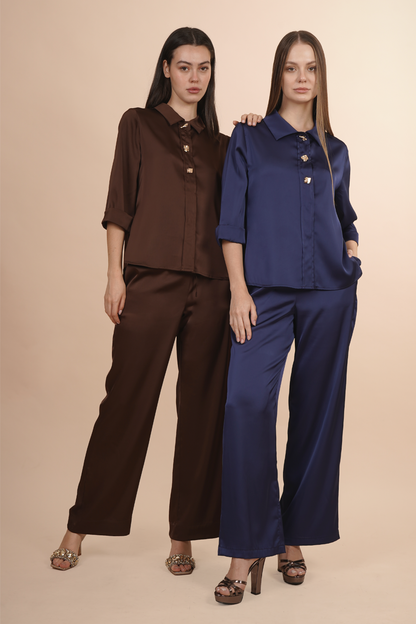Blusa Camisera Azul  Satinada Con Botones