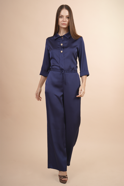 Pantalón Azul De Satin Pierna Ancha