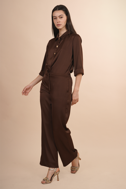 Pantalón Café De Satin Pierna Ancha