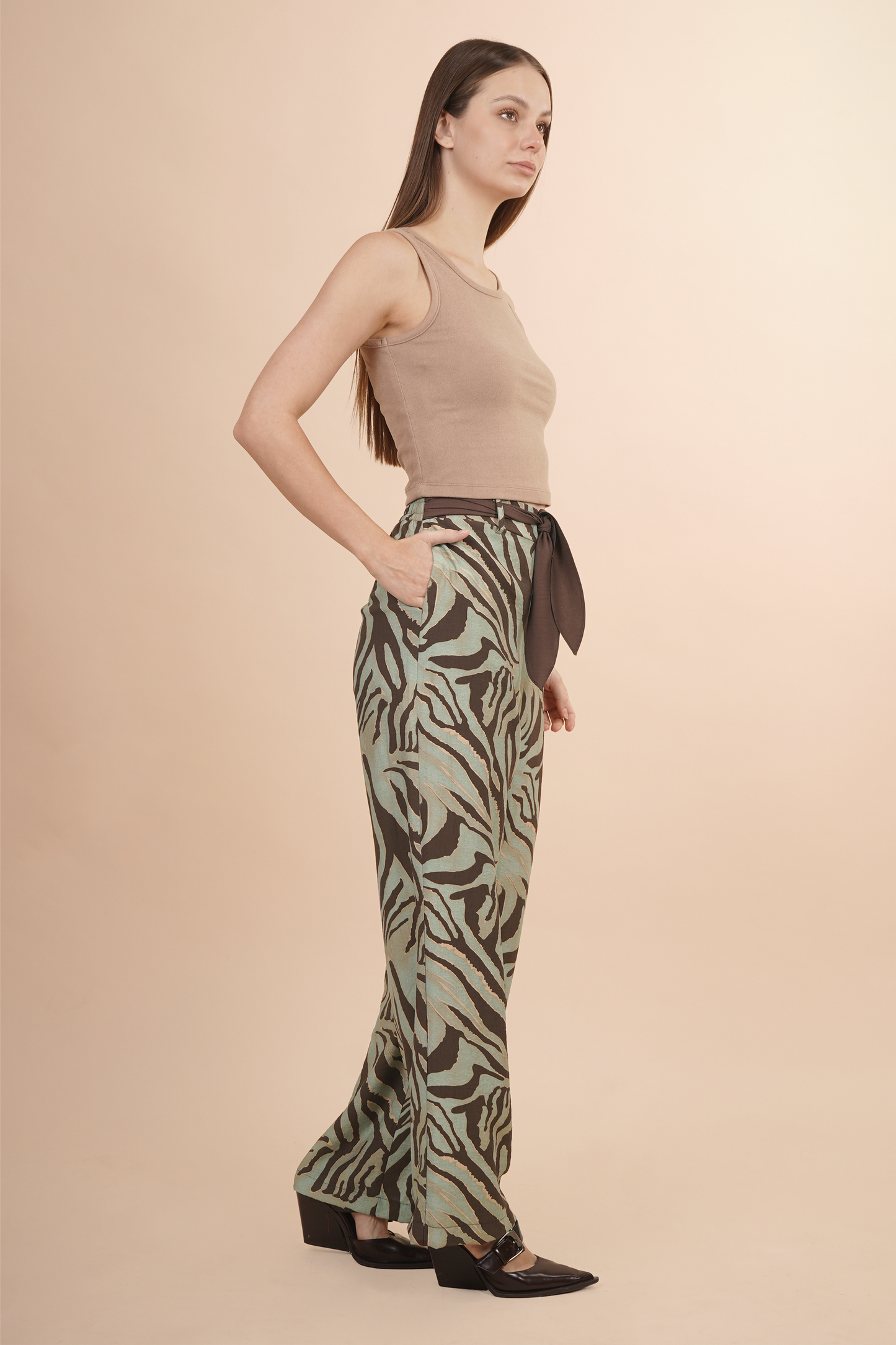 Pantalón Animal Print Con Cinturón Verde 261067