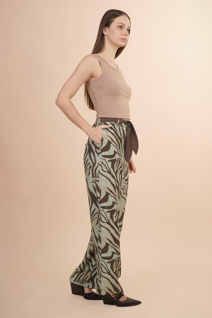 Pantalón Animal Print Con Cinturón Verde 261067