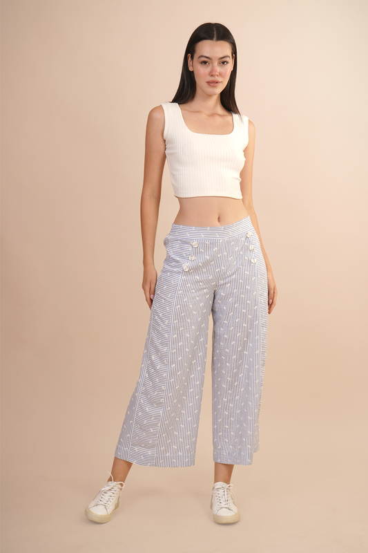 Pantalon A Rayas Bordada De Flores Blancas 261037