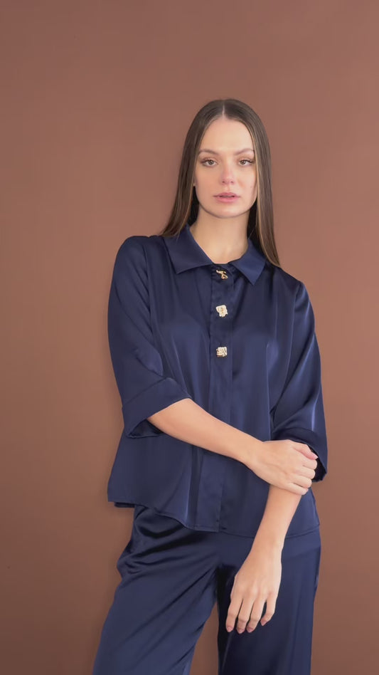 Blusa Camisera Azul  Satinada Con Botones